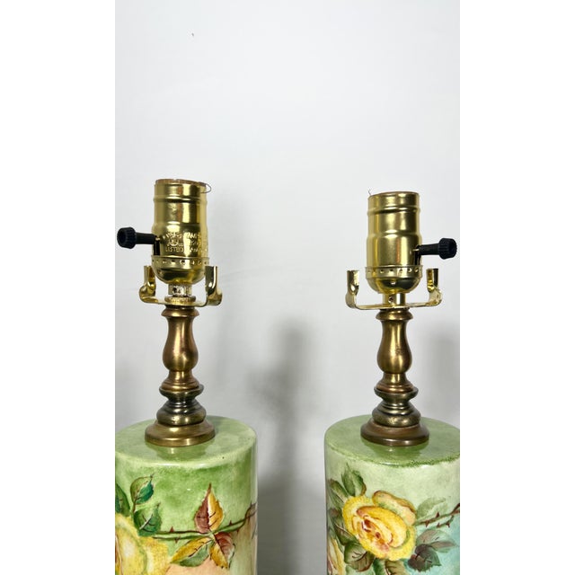1939 Loevsky & Loevsky Hand-Painted Floral Cylinder Lamps - a Pair For Sale - Image 9 of 12