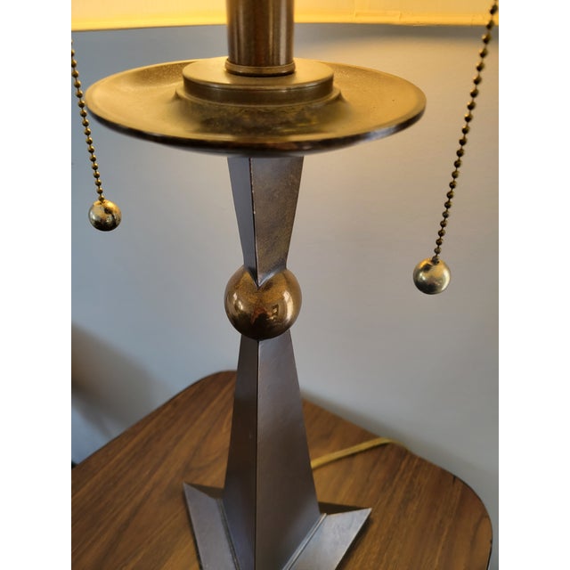 Mid 20th Century Modern Patinated Bronze Pyramid and Brass Sphere Lamp With Pleated Linen Shade For Sale In Baltimore - Image 6 of 10