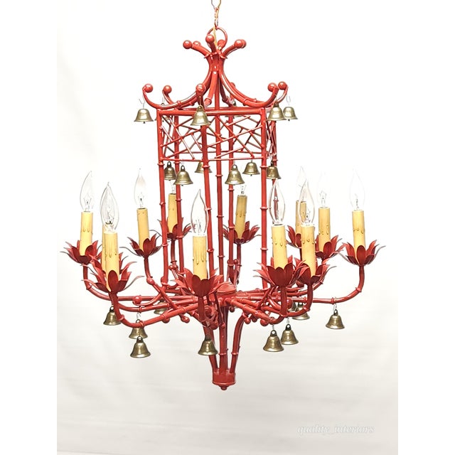 Immense Vintage Italian Tole Faux Bamboo Pagoda Lattice Brass Bell Chandelier ~ Rewired ~ Restored ~ Rejuvenated ~ Ready to Hang ~ For Sale - Image 12 of 12