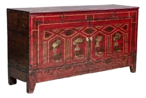 Antique Early 1900s Chinese Red & Gold Painted Dongbai Sideboard