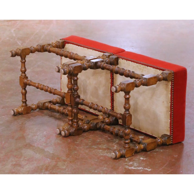 Pair of 19th Century French Louis XIII Style Walnut Upholstered Stools For Sale - Image 12 of 13