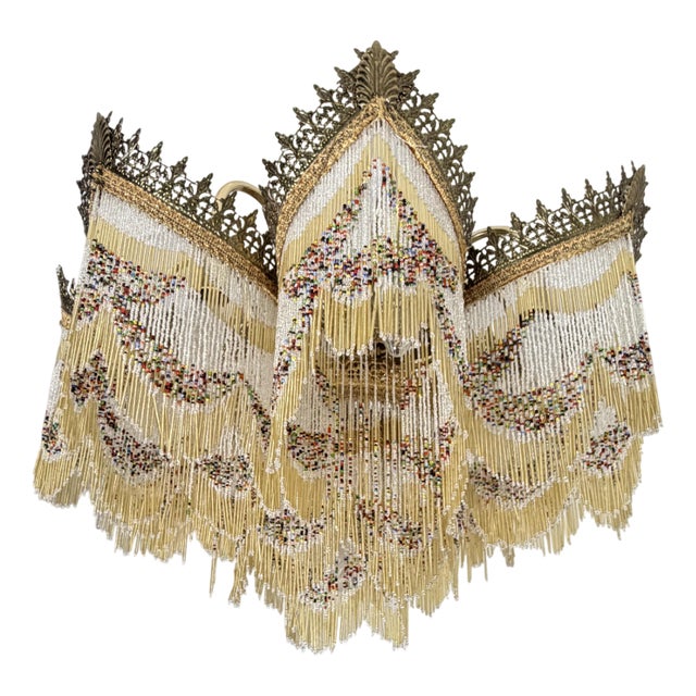Art Deco Nine-Light Chandelier with Colored Fringes, 1940s For Sale