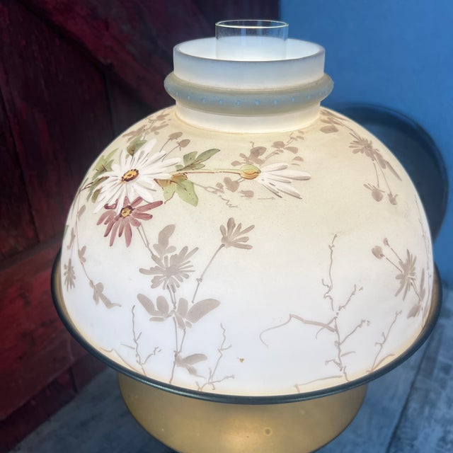 Glass Vintage Brass Electric Lamp With Floral Glass Shade For Sale - Image 7 of 14