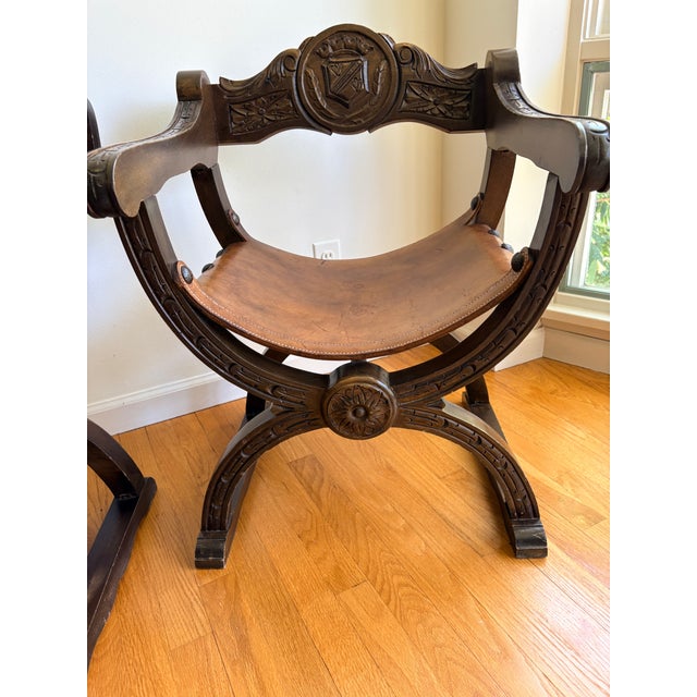 Traditional Vintage Savonarola Chairs – Carved Wood & Leather Sling Seats (Pair) For Sale - Image 3 of 5