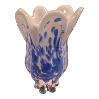 Vintage MCM Royal Gallery Polish Glass 8.5" Vase White and Blue Speckled Vase For Sale