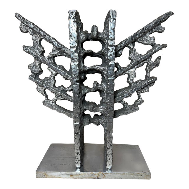Vintage 91' Chrome Metal Brutalist Statue Sculpture Presentation Award Silver For Sale