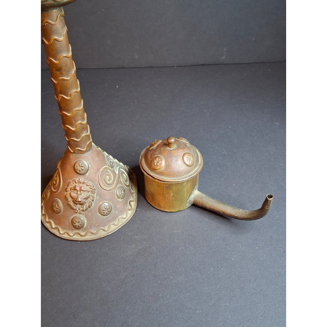 Antique Flemish Brass Snotneus Oil Lamp Ornate Copper Lion Mask Fat Light 19thC For Sale - Image 11 of 18