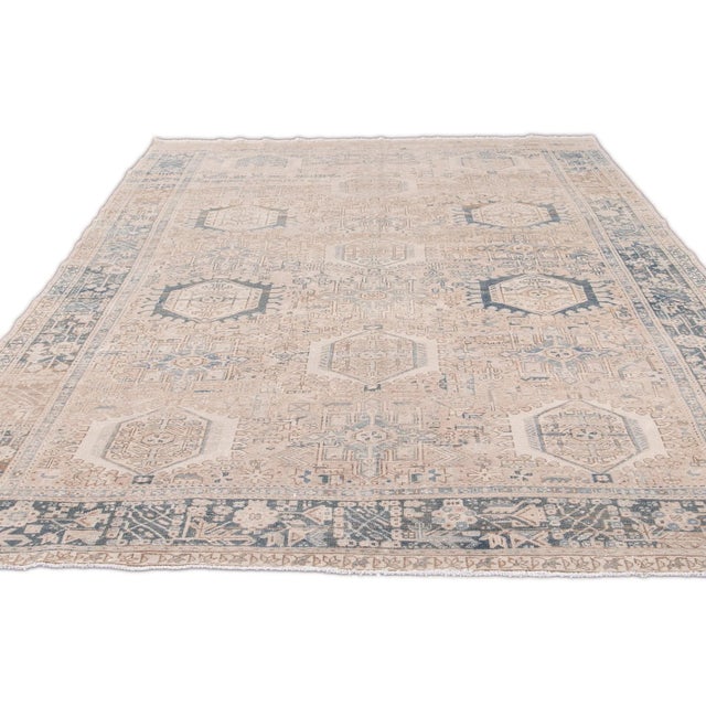 Persian Antique Persian Heriz Handmade Beige Multi- Medallion Wool Rug For Sale - Image 3 of 9