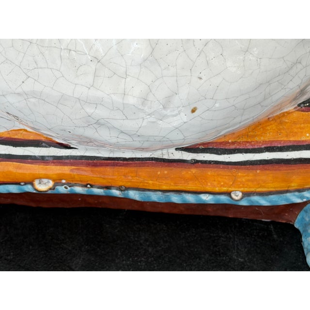 Monumental Italian Majolica Terracotta Mother Cat & Sleeping Kitten Sculpture on Striped Cushion, 22 Inches Wide For Sale - Image 11 of 12