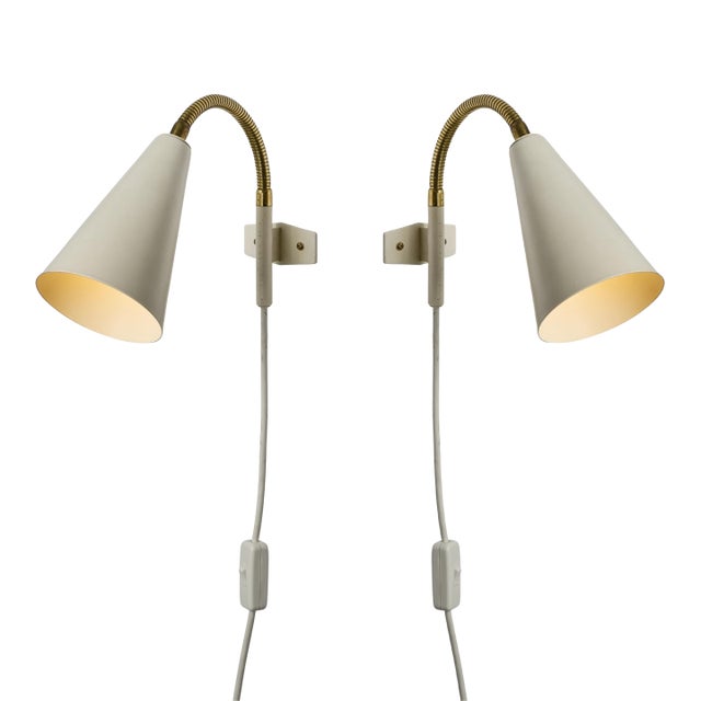 1960s Plug-in White Conical Brass & Metal Wall Lamps Attributed to Hans Agne Jakobsson - a Pair For Sale