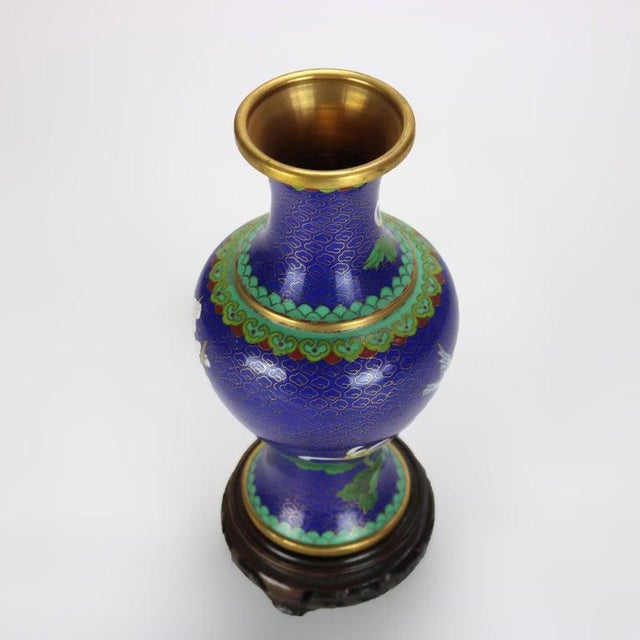 Blue Antique Chinese Cloisonne Enameled Floral Vase With Peony & Wood Base C1930 For Sale - Image 8 of 8
