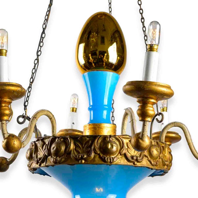 Turquoise and Gold Chandelier from Lucca, 19th century, crafted from an original central turquoise glass bowl adorned with...