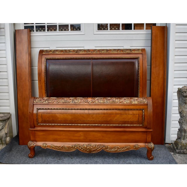 Legacy Pine Upholstered Sleigh Bed Carved and Inlaid Ornate Queen Frame For Sale - Image 18 of 18
