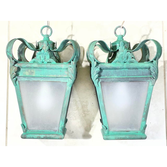 Vintage French Style Solid Brass Lanterns / Pendents With Verdigris For Sale - Image 4 of 15