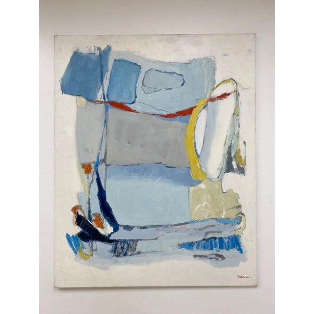 A refined and expressive original oil painting on canvas featuring soft geometric forms and layered textures in cool hues...