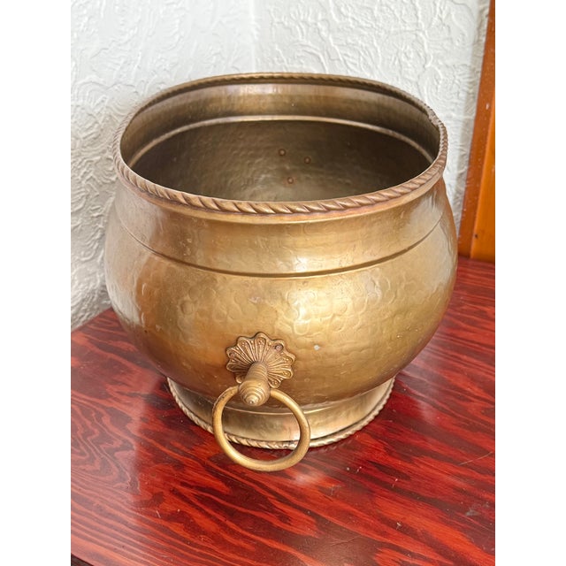 English Large Vintage Hammered Brass Cauldron Planter With Rope Twist Rim For Sale - Image 3 of 6