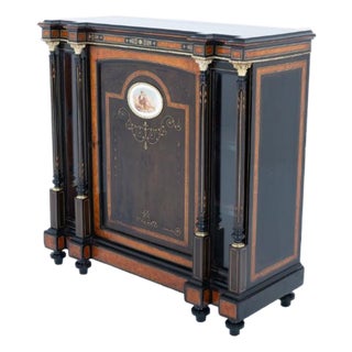 Victorian Sideboard Cabinet in Ebony, Walnut and Porcelain For Sale