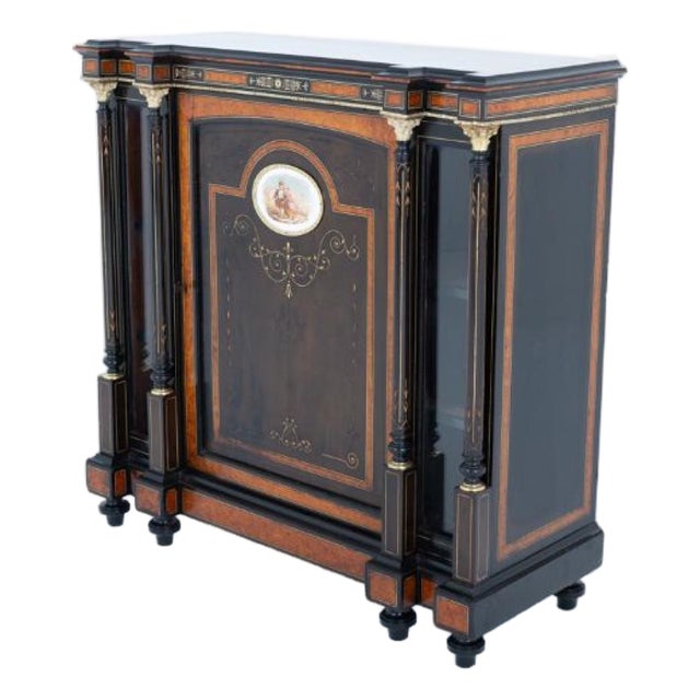 Victorian Sideboard Cabinet in Ebony, Walnut and Porcelain For Sale