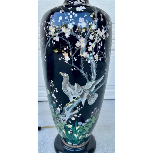 Late 19th Century Huge Meiji Japanese Cloisonné Black Ground Bird & Blossom Tall Table Lamp 40" For Sale - Image 12 of 18