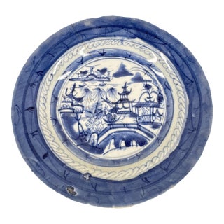 Antique 19th Century Chinese Canton Export Blue & White Porcelain Shallow Bowl For Sale