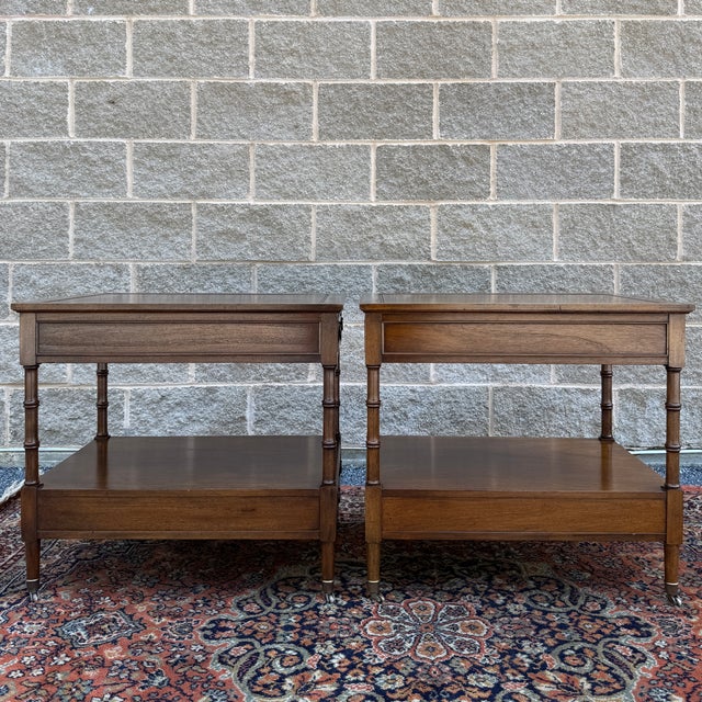 Vintage Hekman Traditional Regency Walnut 2 Drawer Tiered Cane Cut Side Tables - A Pair For Sale - Image 14 of 15