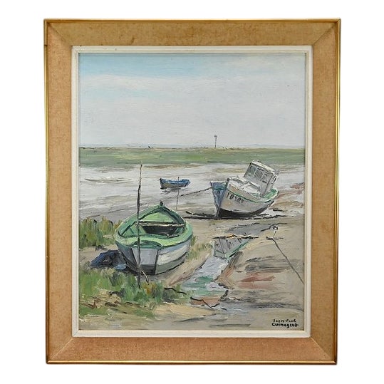 J-P. Guinegault, Boats at Low Tide, 20th Century, Oil on Canvas, Framed For Sale