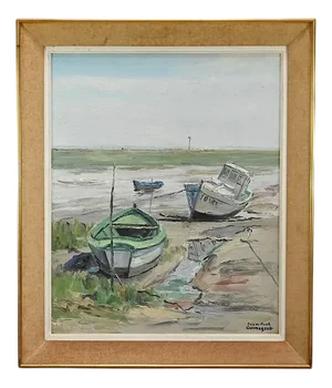 J-P. Guinegault, Boats at Low Tide, 20th Century, Oil on Canvas, Framed