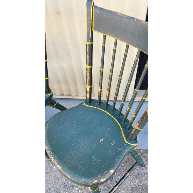 Green 19Thc Origin. Green Paint & Mustard Stripe Thumb Back Windsor Chairs Set of Five For Sale - Image 8 of 8