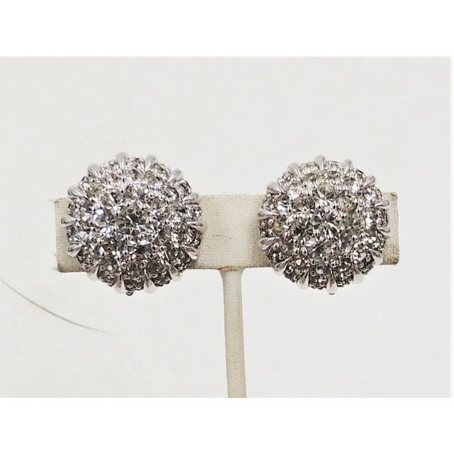 Modern Vintage 1950s Pennino Rhodium Plated Rhinestone Round Domed Clip Earrings - 2 Pieces For Sale - Image 3 of 11