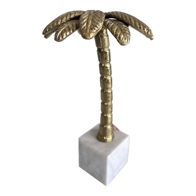 Gold Brass Metal Palm Tree Alabaster Marble Block Sculpture For Sale