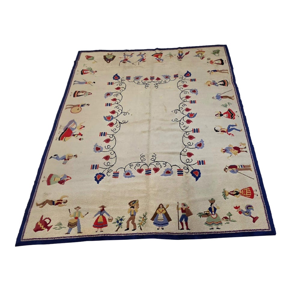 Mid-20th Century Vintage Hand-Loomed Folk Art Wool Rug in Ivory & Navy ...