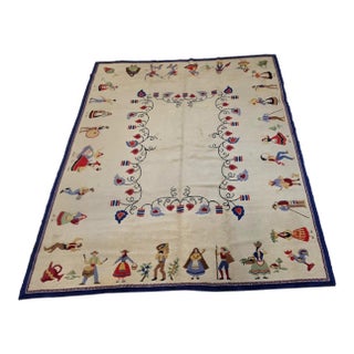 Mid-20th Century Vintage Hand-Loomed Folk Art Wool Rug in Ivory & Navy Blue, 9' X 12' For Sale