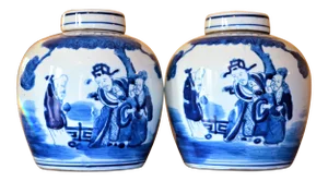 Contemporary Chinoiserie Ginger Jars With Deities - a Pair