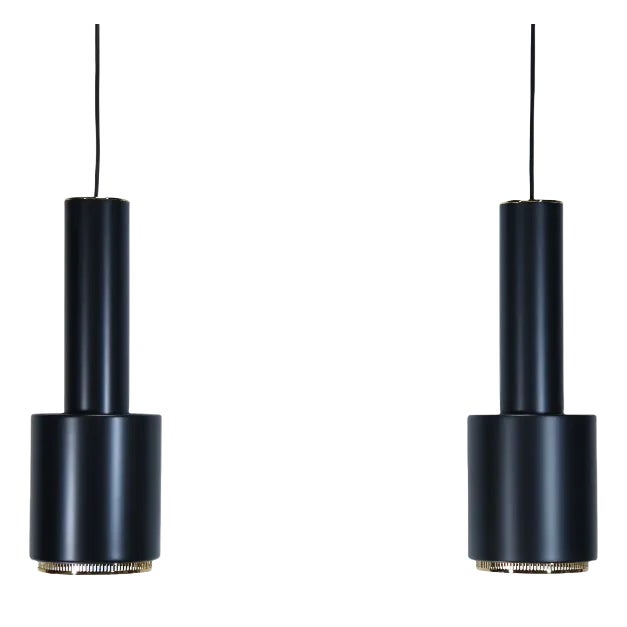 A110 Hand Grenade Hanging Lamps in Black with Brass Details by Alvar Aalto for Artek, Set of 2 For Sale