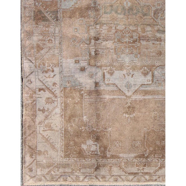 Tribal Vintage Turkish Oushak Rug in Faded Beige, Dusty Taupe, and Weathered Blue For Sale - Image 3 of 11