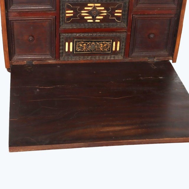17thC Mahogany Spanish Vargueno With Bone Inlay & Wrought Iron Hardware C1670 For Sale - Image 13 of 16
