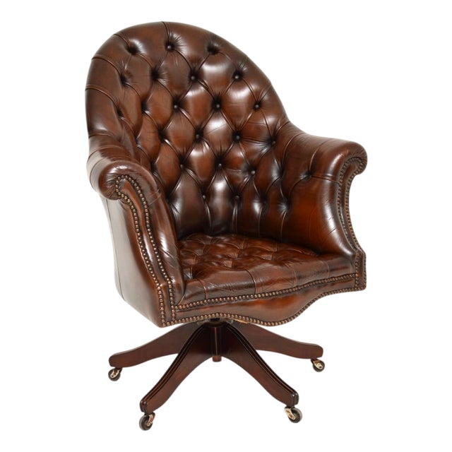 Antique Victorian Leather Swivel Directors Desk Chair, 1950s For Sale