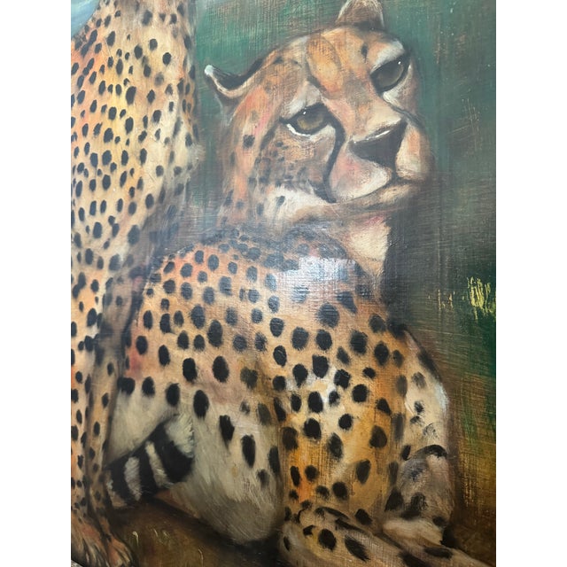 Chinoiserie Warren Long Monumental Signed Cheetah Painting in Artist-Made Salvaged Tin Frame, 68” For Sale - Image 3 of 8