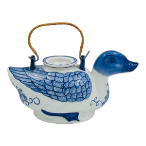 Vintage Blue and White Chinoiserie Ceramic Duck Teapot With Rattan Wrapped Handle