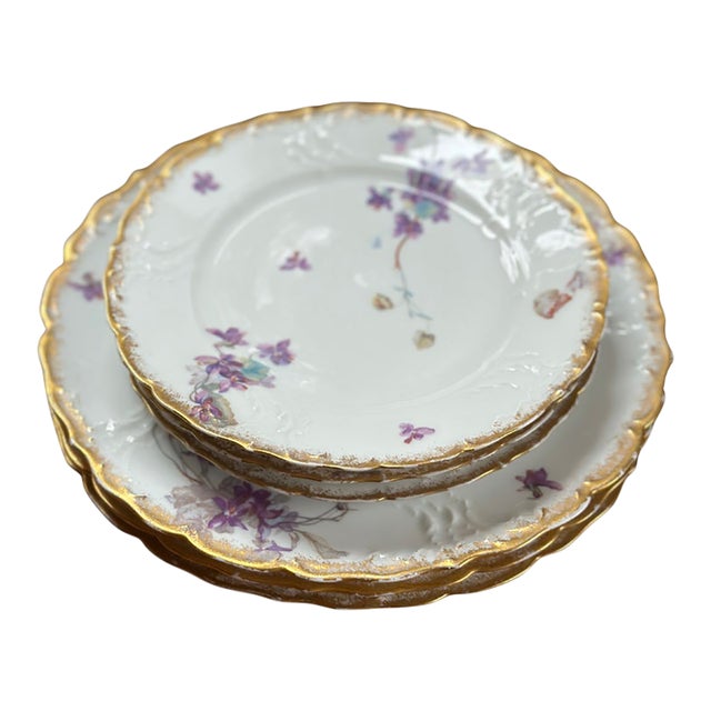 Antique M. Redon French Limoges Violet Plates - 3 Dinner + 3 Salad, Gold Rims For Sale