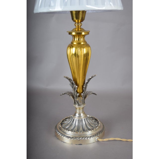 Brass and Silver-Toned Table Lamp with Leaf Base and Pleated Shade, 1960s For Sale - Image 11 of 15