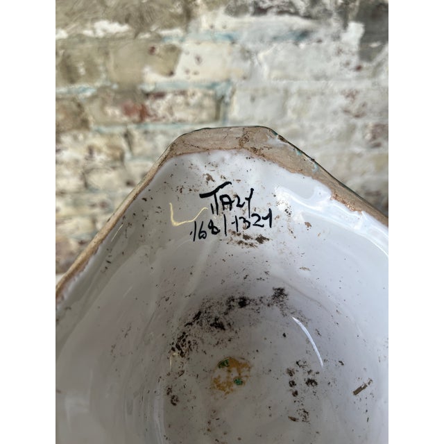 Teal Vintage MCM Flying Fish Italian Ceramic Vase With Black & Teal Abstract Fish Motif – Hand-Painted, Signed Triangular Vase For Sale - Image 8 of 8