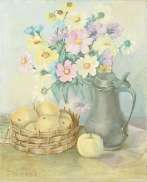 1980s Floral Still Life With French Basket of Apples and Pewter Pitcher Impressionism