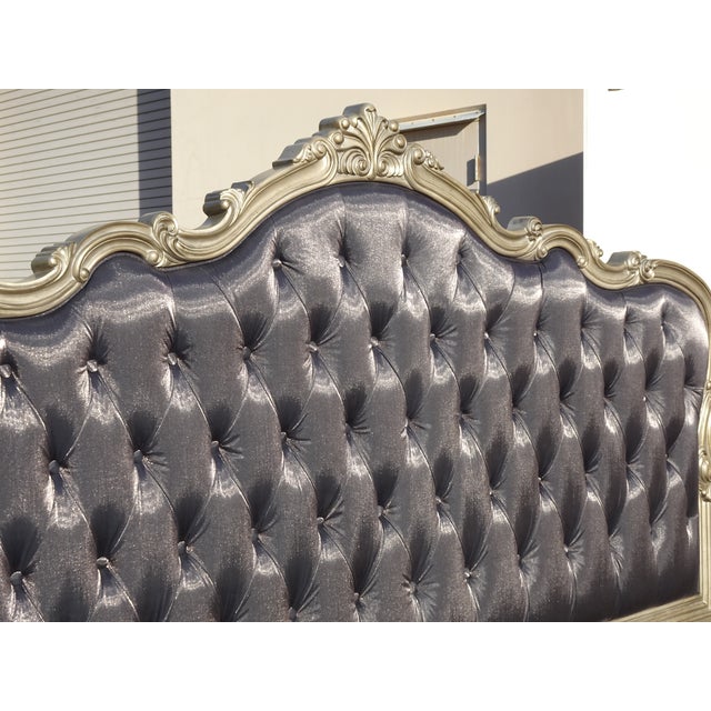 2020s French Provincial Louis XVI Style Metallic Dark Gray Tufted Cal King Headboard For Sale - Image 5 of 17