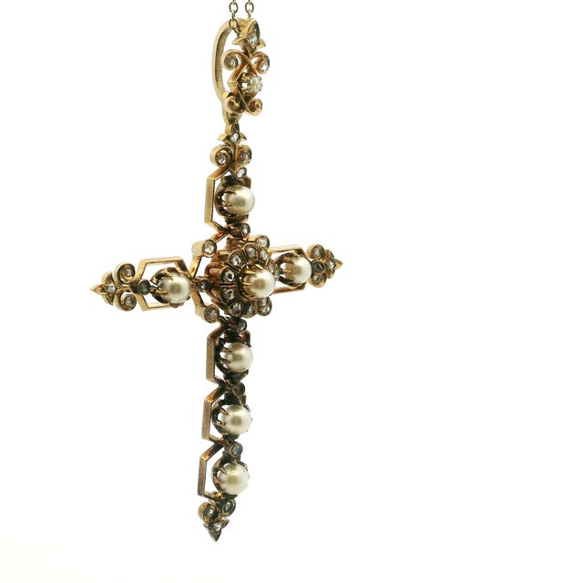 Victorian 14k Rose Gold Pearl & Old Mine Diamond Cross Pendant, C. 1890 For Sale - Image 4 of 13