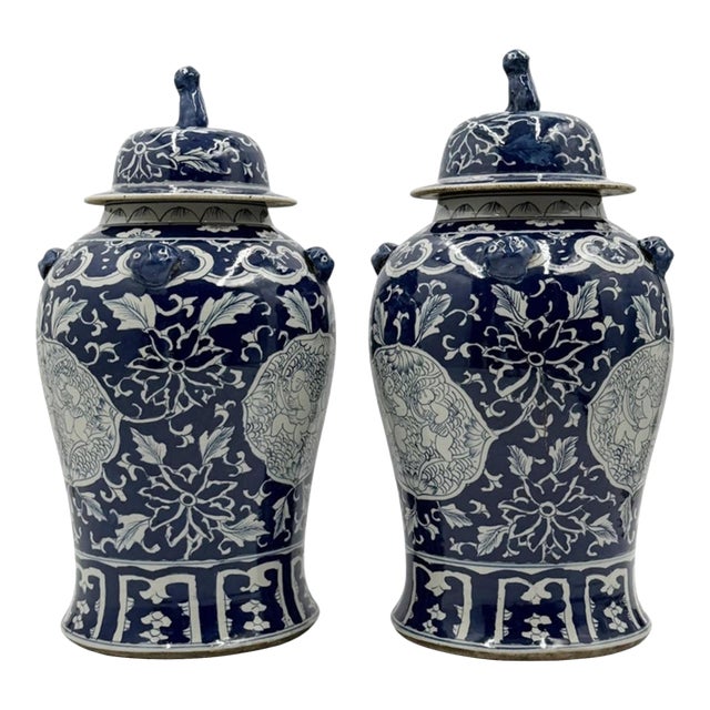 Mid 20th Century Pair of Chinese Style Blue and White Porcelain Temple Ginger Jars For Sale