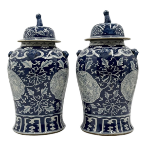 Mid 20th Century Pair of Chinese Style Blue and White Porcelain Temple Ginger Jars