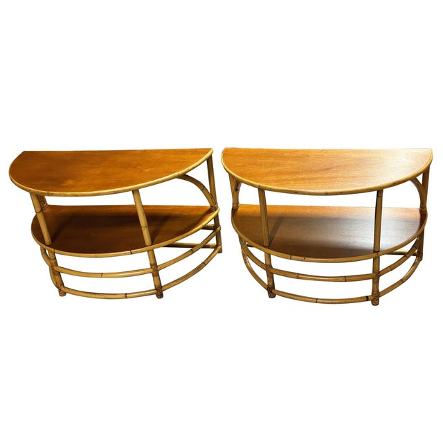 1950s Restored Rattan & Mahogany Half Moon Side Table, Pair Chairish