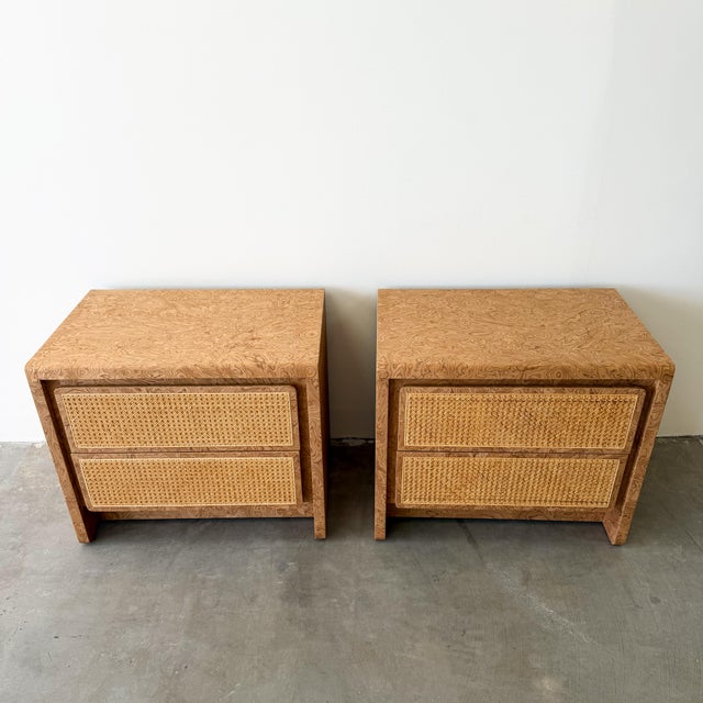 1970s 1970s Walnut Burlwood Nightstands With Cane Fronts MCM For Sale - Image 5 of 10
