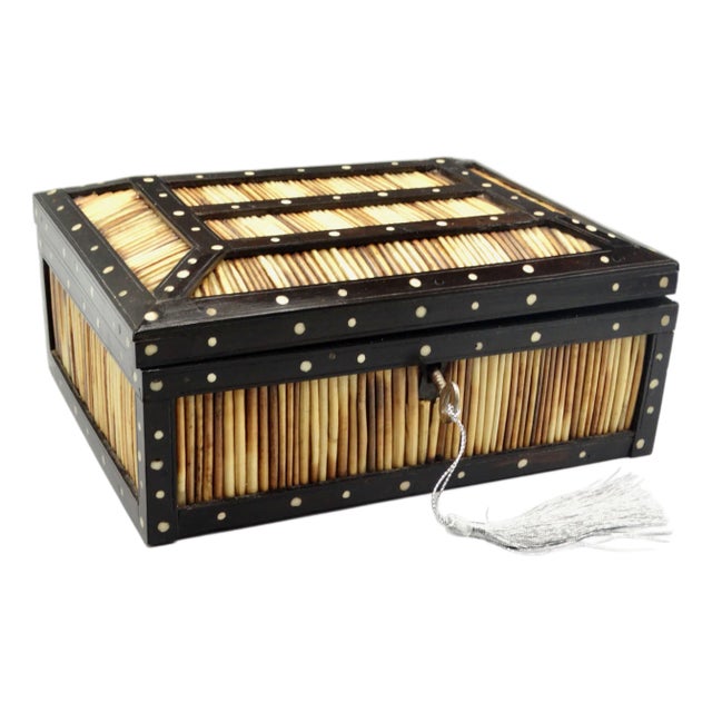 Antique British Colonial Porcupine Quill Box, Lock & Key For Sale